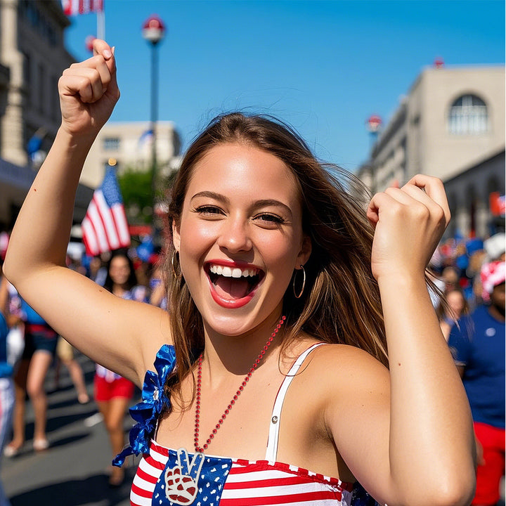 Women's nan glittered layered circular patriotic pendant necklace with beaded chain and star medallion Bowlift
