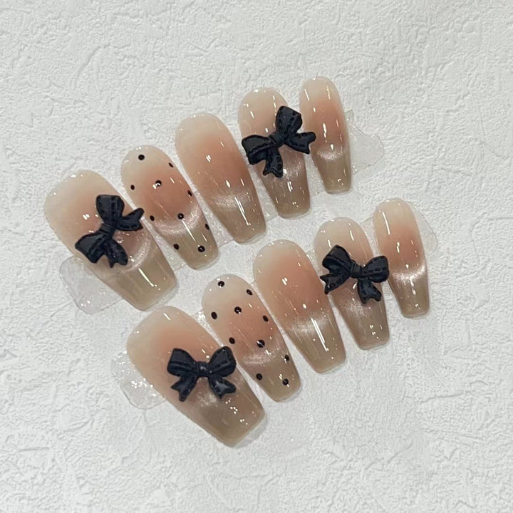 Stylish Long Press-On Nail Set with Bow Accents Bowlift