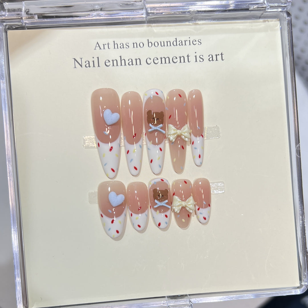 Decorative Stiletto Press-On Nail Art Set with Cute Character Accents Bowlift