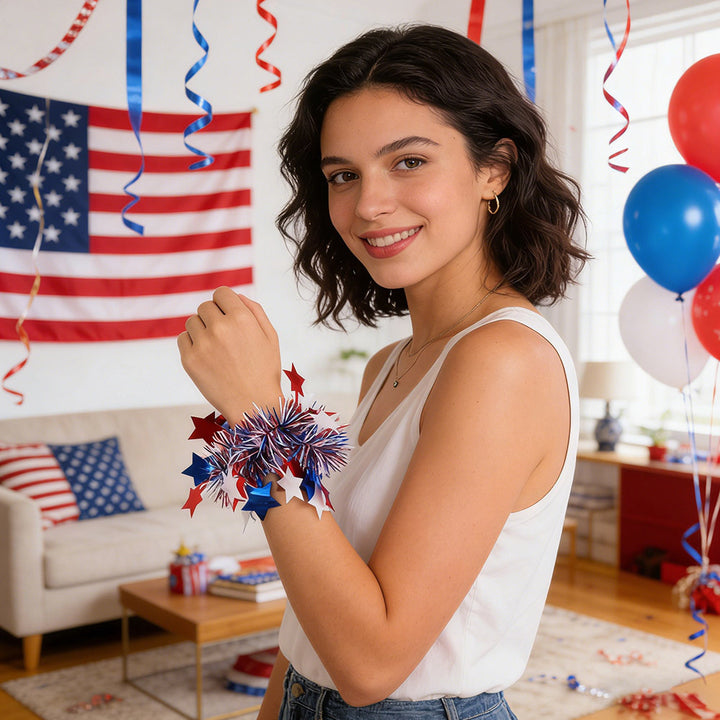 Unisex nan patriotic tinsel pom pom wristband bracelet with star confetti Bowlift