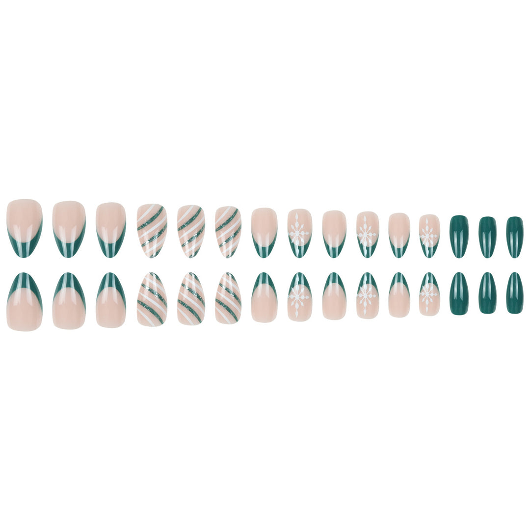 Premium Stiletto Press-On Nail Art Set with Snowflake and Striped Design Bowlift