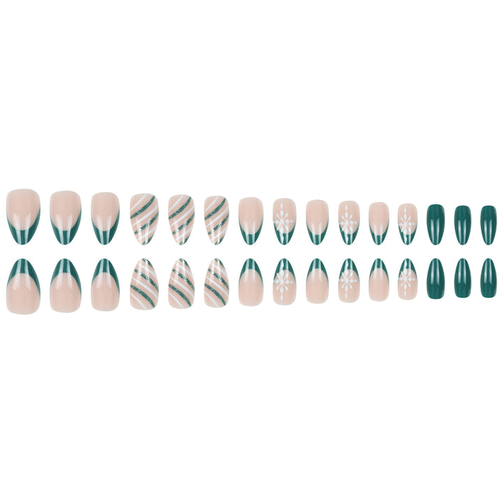 Premium Stiletto Press-On Nail Art Set with Snowflake and Striped Design Bowlift