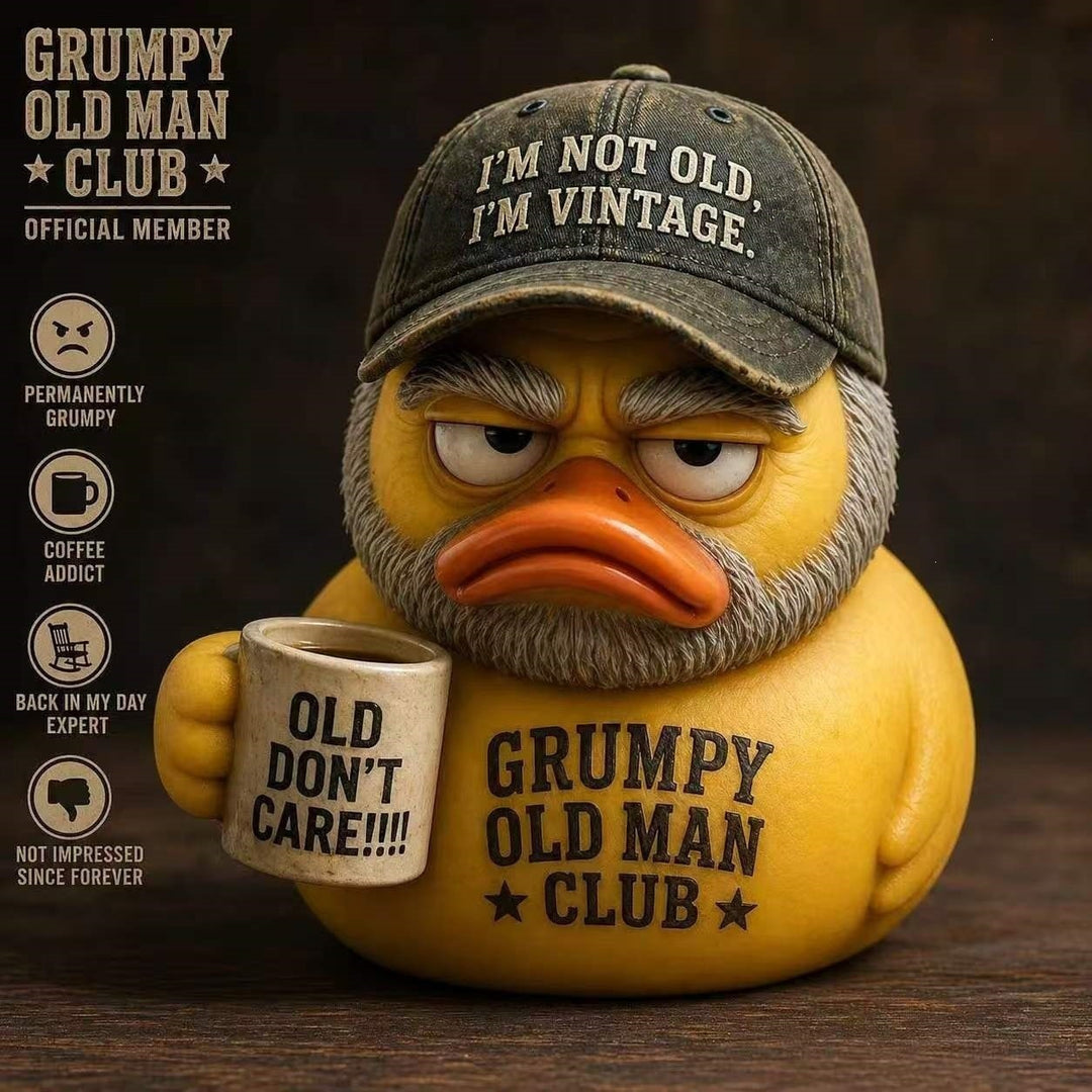 Funny rubber duck with vintage hat and cup Bowlift