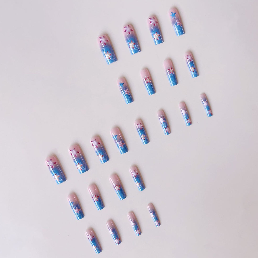 Artificial nail tips with tropical flower pattern and maritime turtle decoration Bowlift