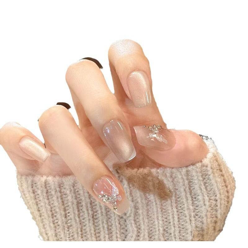 Elegant Faux French Tip Press-On Nails with Floral Accents Bowlift