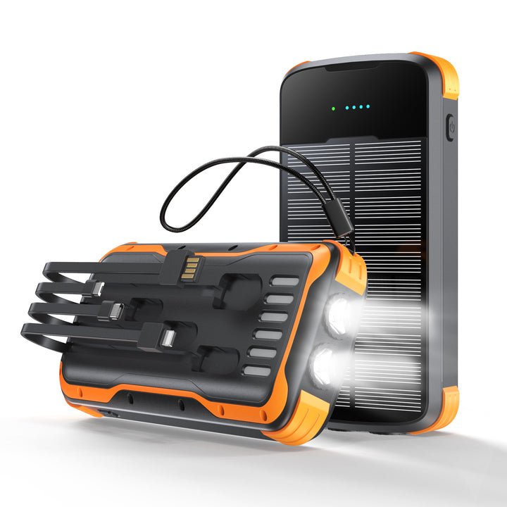 Rugged Portable Solar Power Bank With Integrated Multi-Tip Cables And LED Floodlight Bowlift