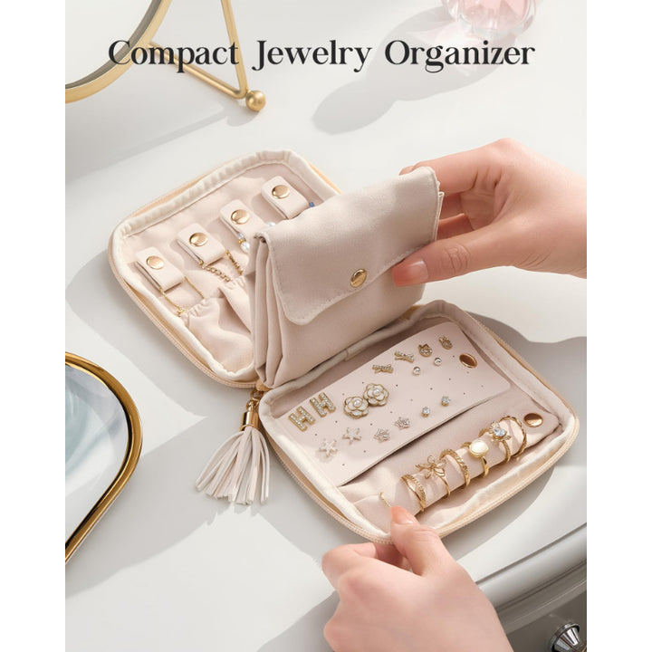 Travel Foldable Jewelry Organizer Case with Ring Rolls Earring Slots Necklace Hooks Bowlift