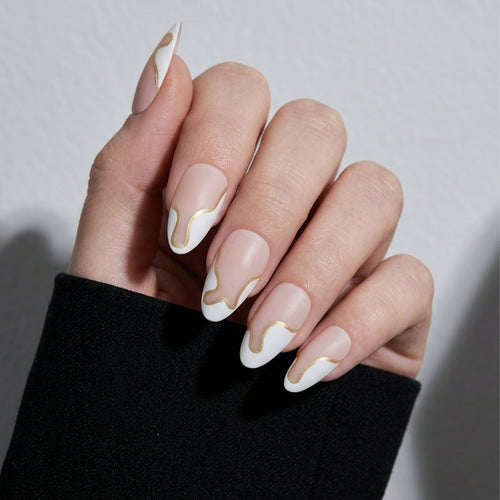 Artistic Stiletto Press-On Nails with Gold Accent Bowlift
