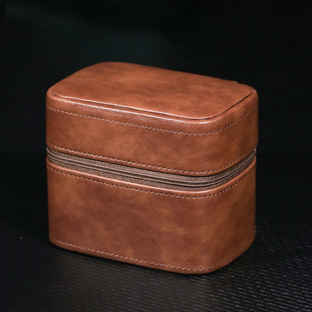 Compact Travel Leather Jewelry Organizer Box with Zippered Two-Tier Interior Bowlift