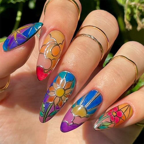 Artistic Press-On Nail Art Set with Floral and Geometric Patterns Bowlift