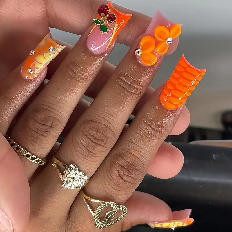 Artistic 3D Floral and Gemstone Press-On Nails Bowlift
