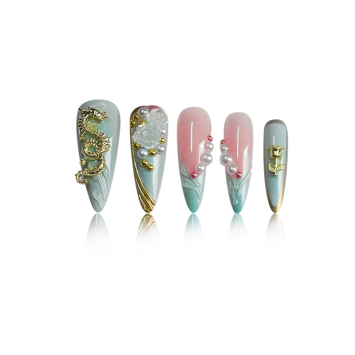 Luxurious Stiletto Nail Enhancements with Floral Accents Bowlift