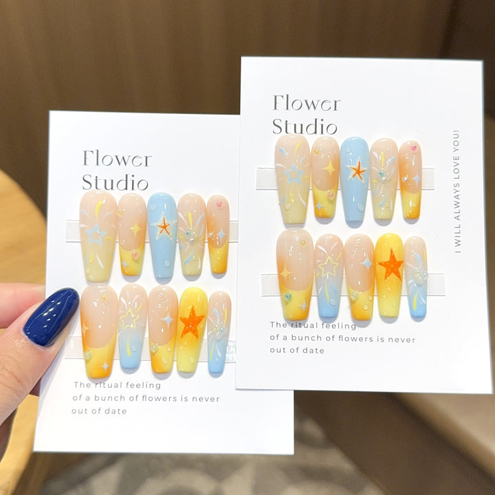 Artificial Nails Set with Colorful Stars and Floral Design Bowlift