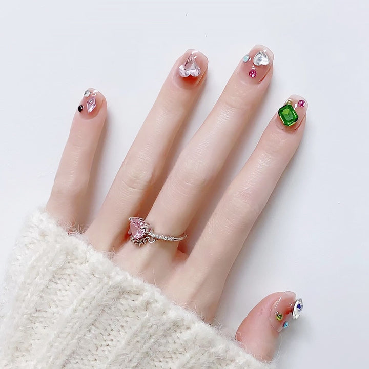 Acrylic nail set with sparkling 3D applications and beautiful heart designs Bowlift