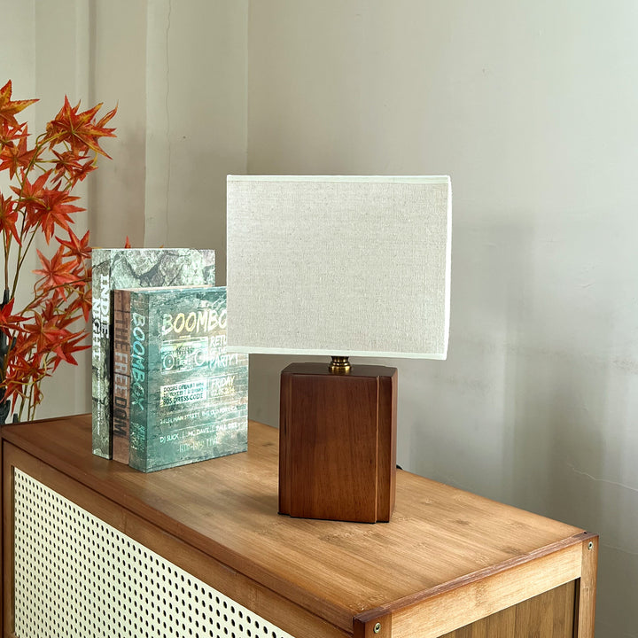 Retro modern solid wood table lamp with rectangular linen shade and brass neck Bowlift