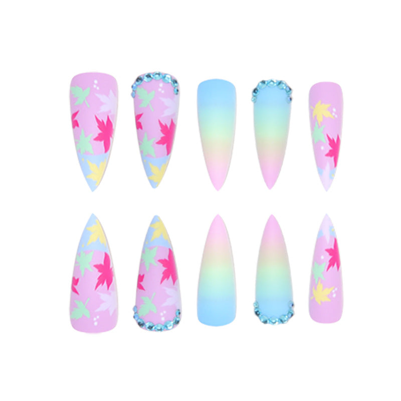 Floral Leaf-Designed Stiletto Press-On Nails Bowlift