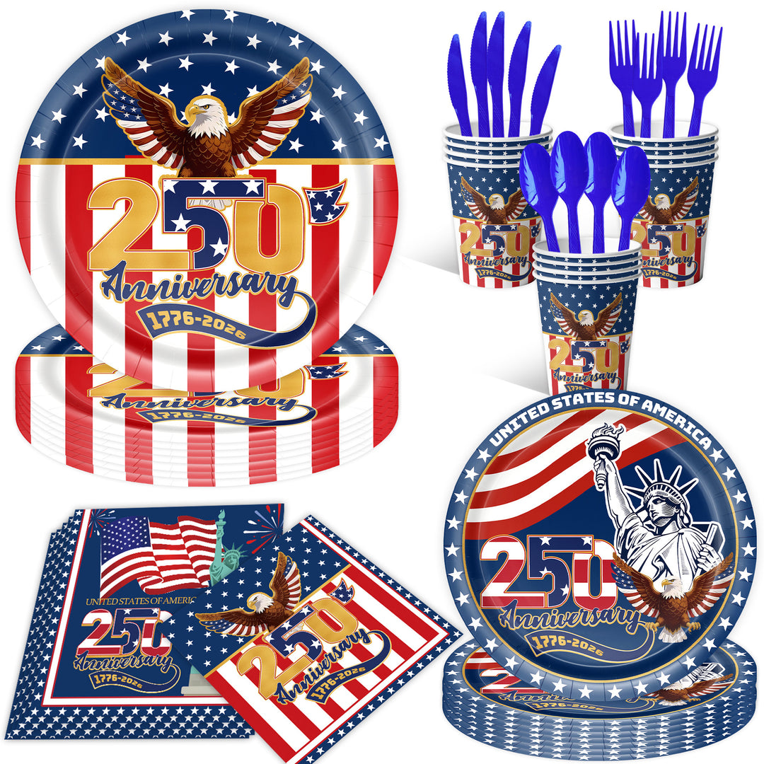 Unisex nan Patriotic Anniversary Disposable Tableware Party Kit with Stars Stripes Plates Cups Napkins Cutlery Banner Bowlift