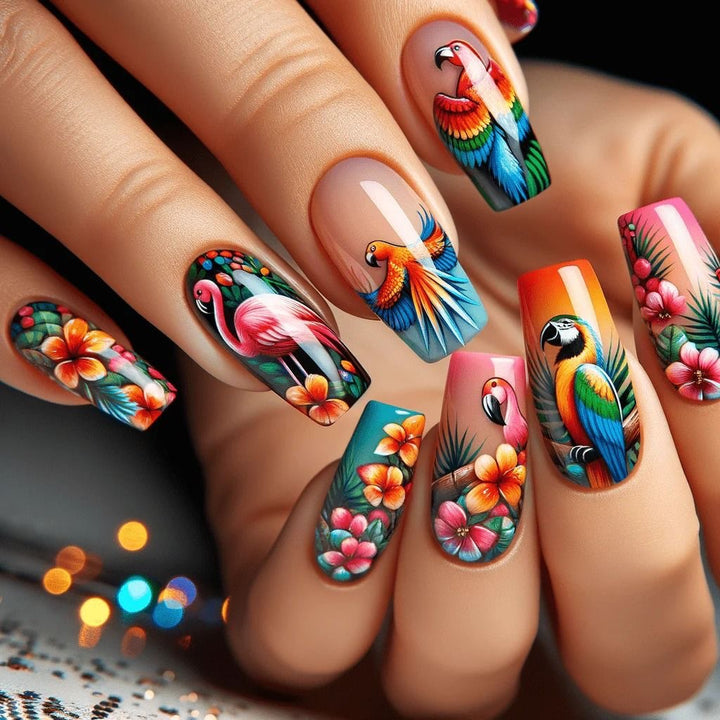 Artificial Nails Set with Tropical Bird Design Bowlift