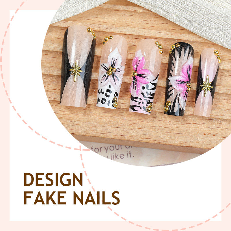 Artificial nail set with elegant flower and leopard motifs Bowlift