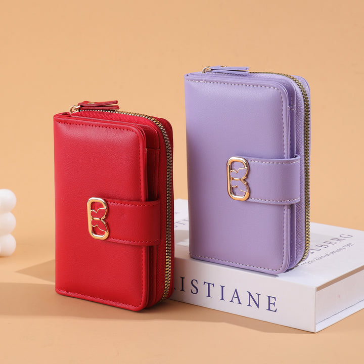 Compact Zip-Around Faux Leather Long Wallet with Butterfly Clasp Bowlift