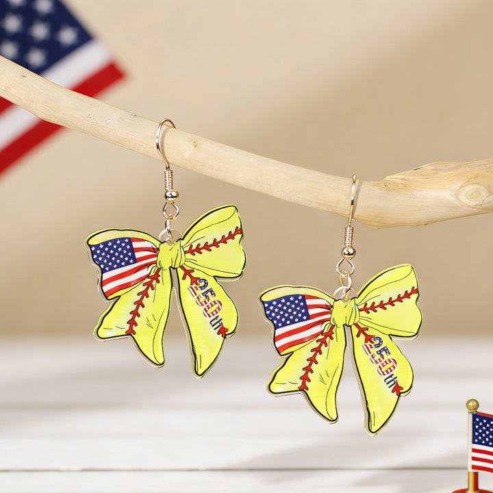 Women's acrylic statement earrings long pendant bow motif with patriotic print Bowlift
