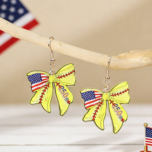 Women's nan patriotic bow dangle acrylic earrings with gold plated hooks and lightweight charm Bowlift