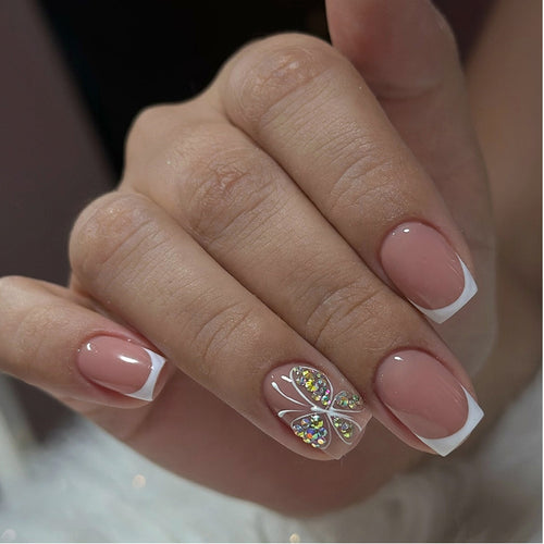 Decorative Press-On Nail Set with Butterfly and Gem Accents Bowlift