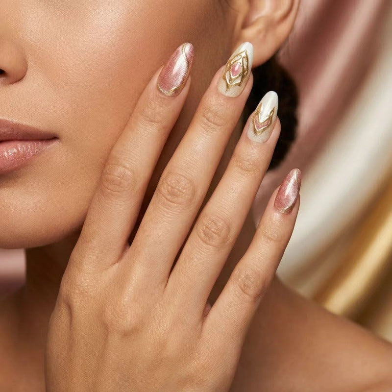 Artificial nails with floral gold accents and glossy finish Bowlift