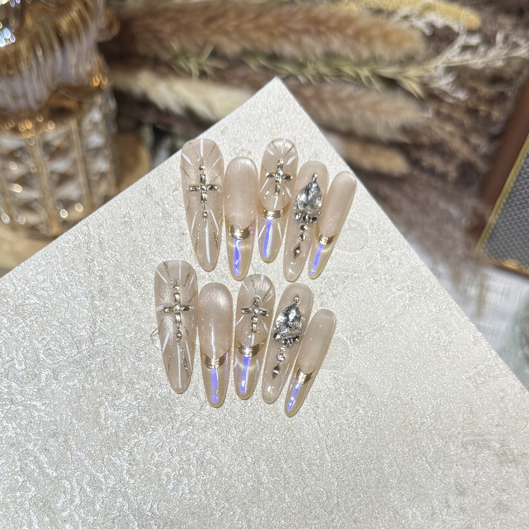Premium Stiletto Press-On Nail Art Set with Gemstone Accents Bowlift