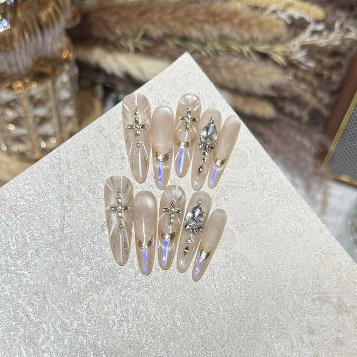 Premium Stiletto Press-On Nail Art Set with Gemstone Accents Bowlift