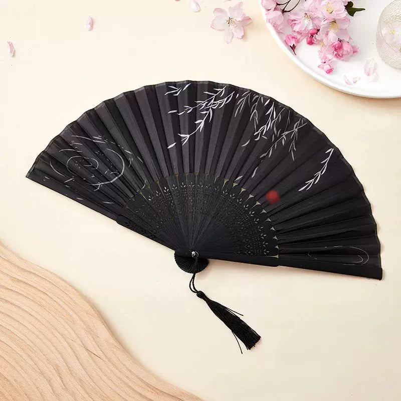 Women One Size Handcrafted Bamboo Pleated Fan with Hand-Painted Calligraphic Willow Design and Decorative Tassel Bowlift