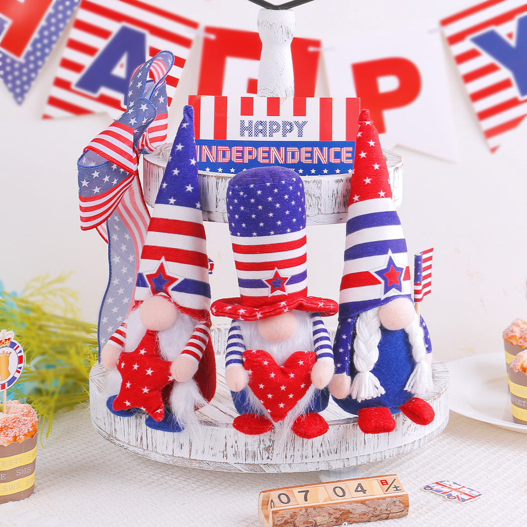 Unisex nan Patriotic Americana Decorative Gnome Plush Set with Star-Spangled Hats Bowlift