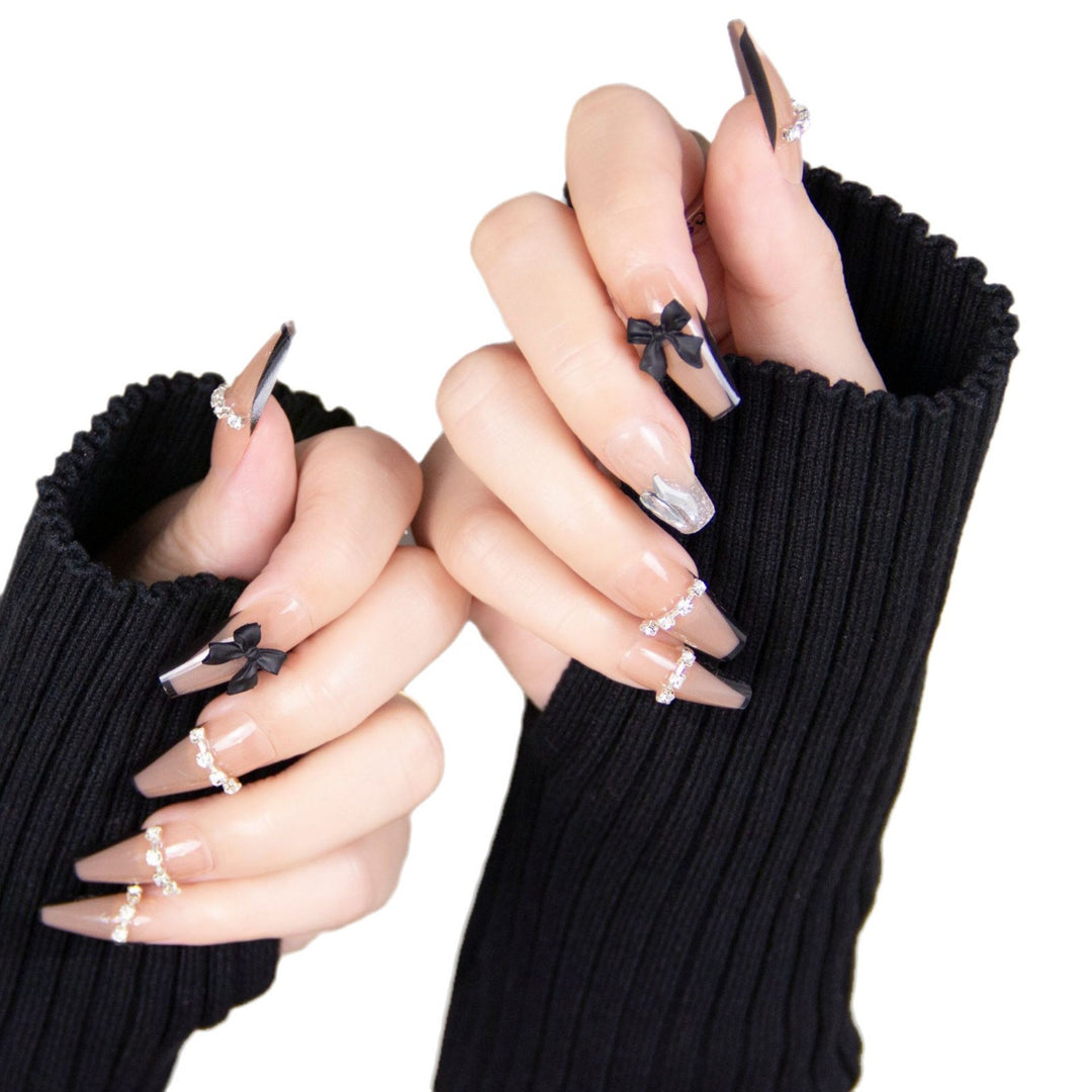 Artificial Nail Set with Glitter and Bow Motif Bowlift