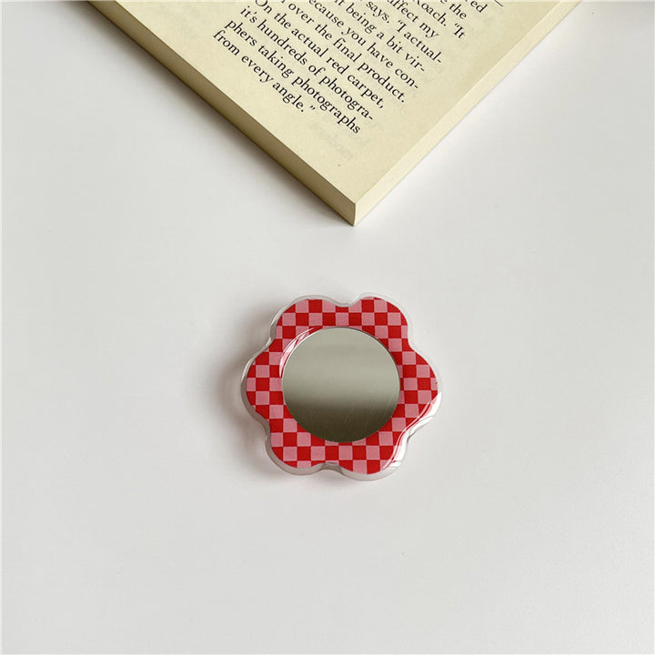 Portable Flower-Shaped Compact Mirror With Acrylic Checkered Frame