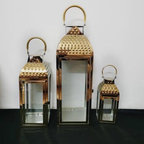 Decorative Metal and Glass Candle Lantern Set with Hinged Door Perforated Dome Top & Carry Handle Bowlift