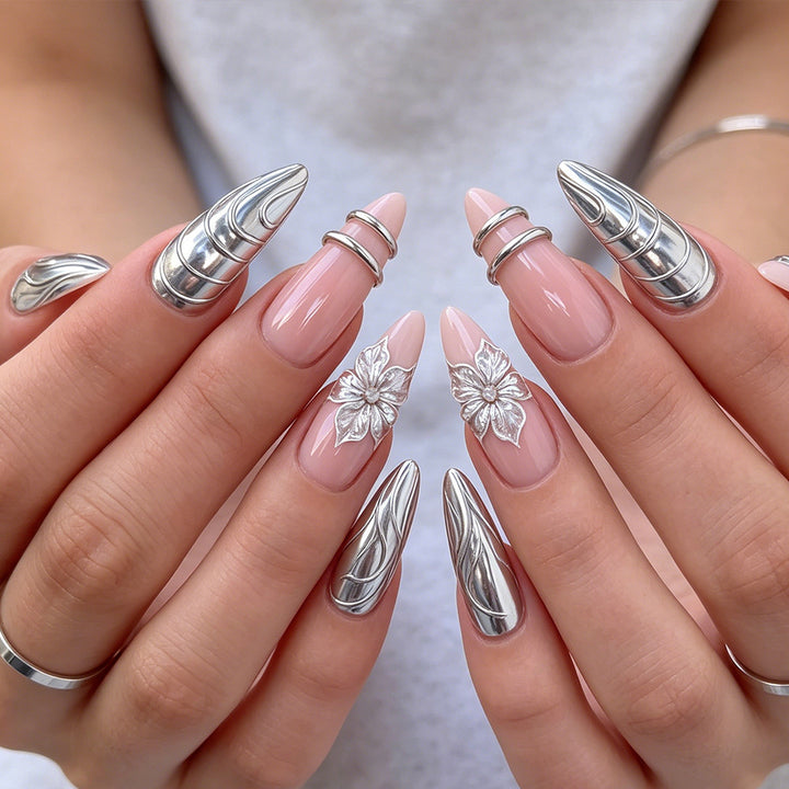 Elegant Metallic Floral Accent Press-On Nails Bowlift