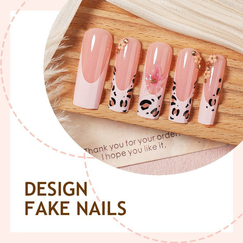 Artificial nail set with elegant flower and leopard accents Bowlift