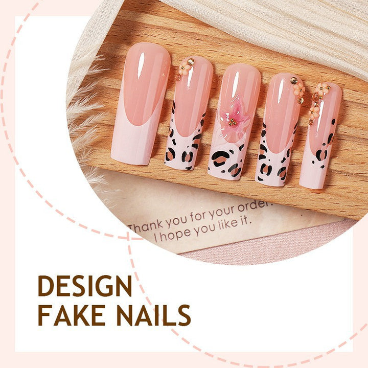 Artificial nail set with elegant flower and leopard accents Bowlift