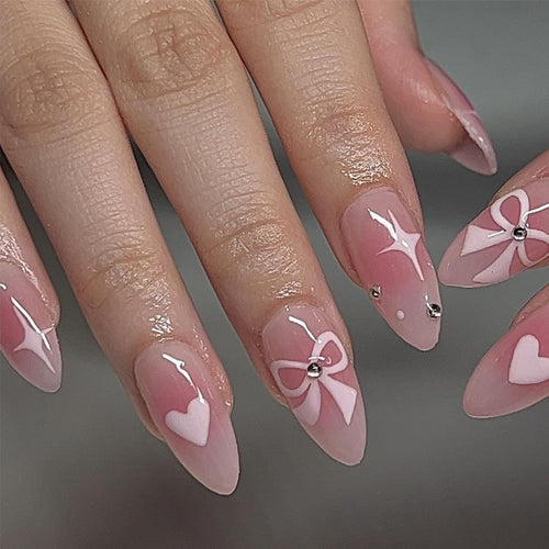 Decorative Press-On Nail Art Set with Heart and Bow Designs Bowlift