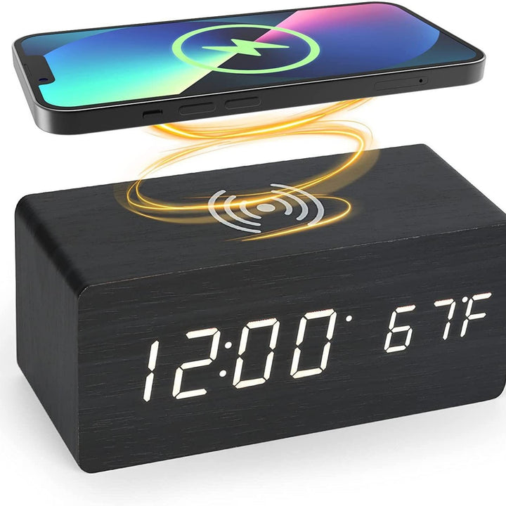 Wooden LED Alarm Clock with Wireless Qi Charging and Indoor Temperature Display Bowlift