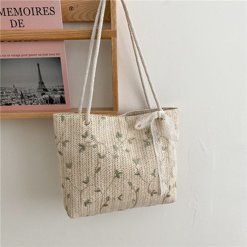 Woven Straw Beach Tote Bag with Decorative Ribbon