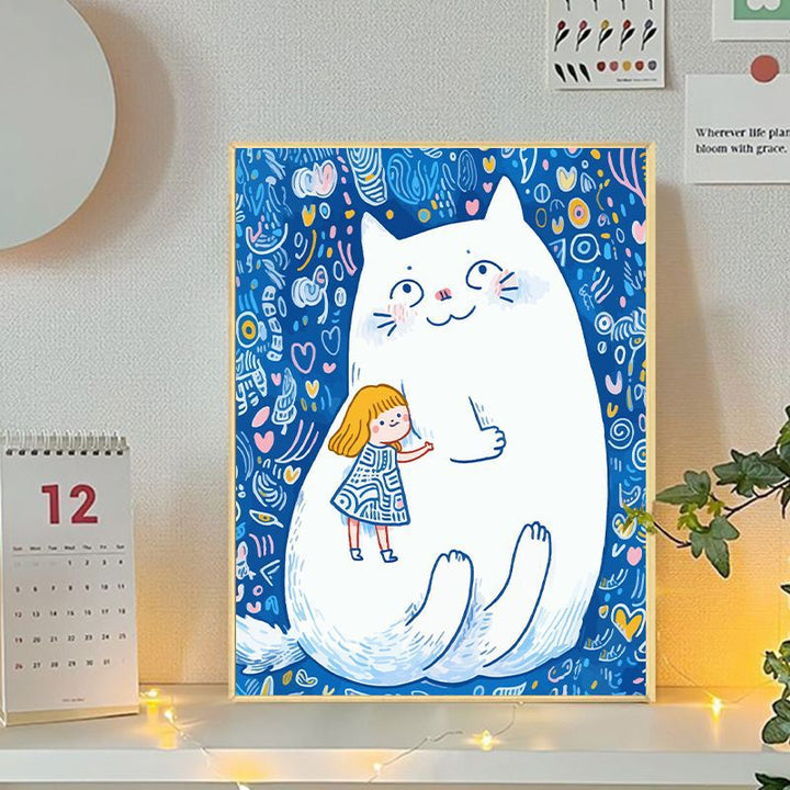 Playful Cat and Girl Illustration Canvas Art Bowlift