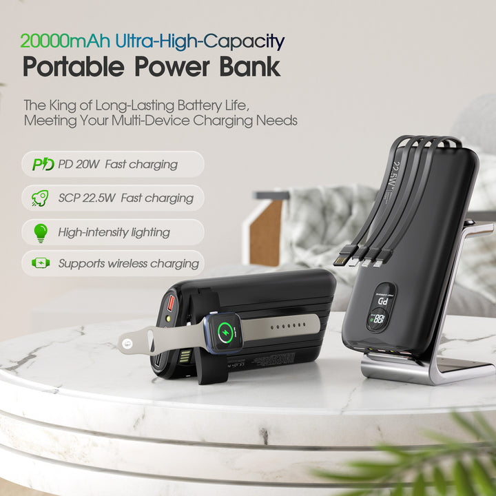 Portable power bank with integrated charging cables and LCD screen Bowlift