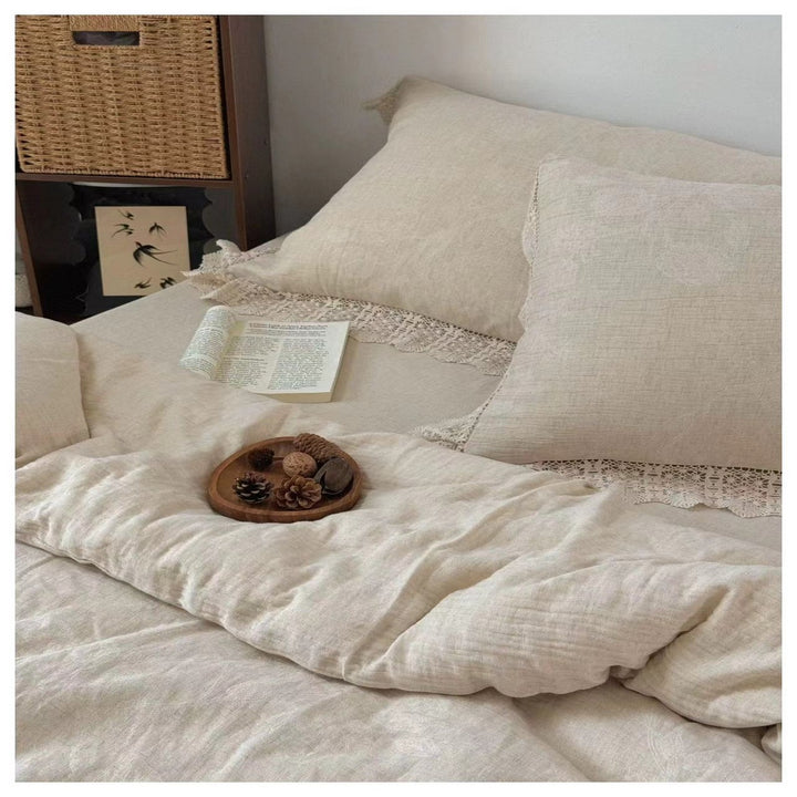 Washed-Linen Crochet-Edge Duvet Cover & Pillow Sham Set