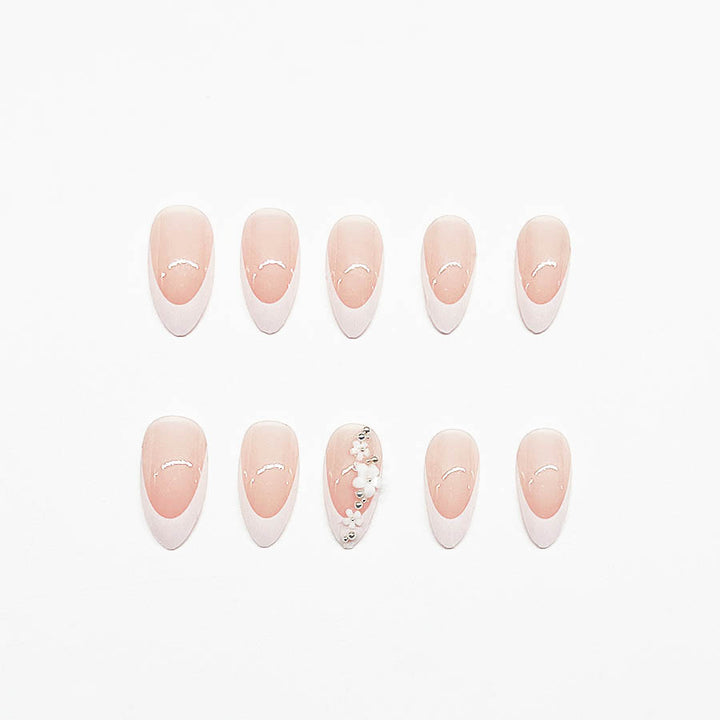 Acrylic Nail Set with Filigree Flower Decorations and Elegant French Design Bowlift