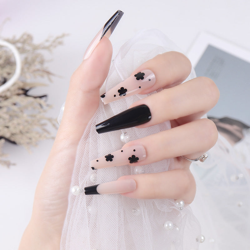 Decorative Black Floral Stiletto Press-On Nails Bowlift
