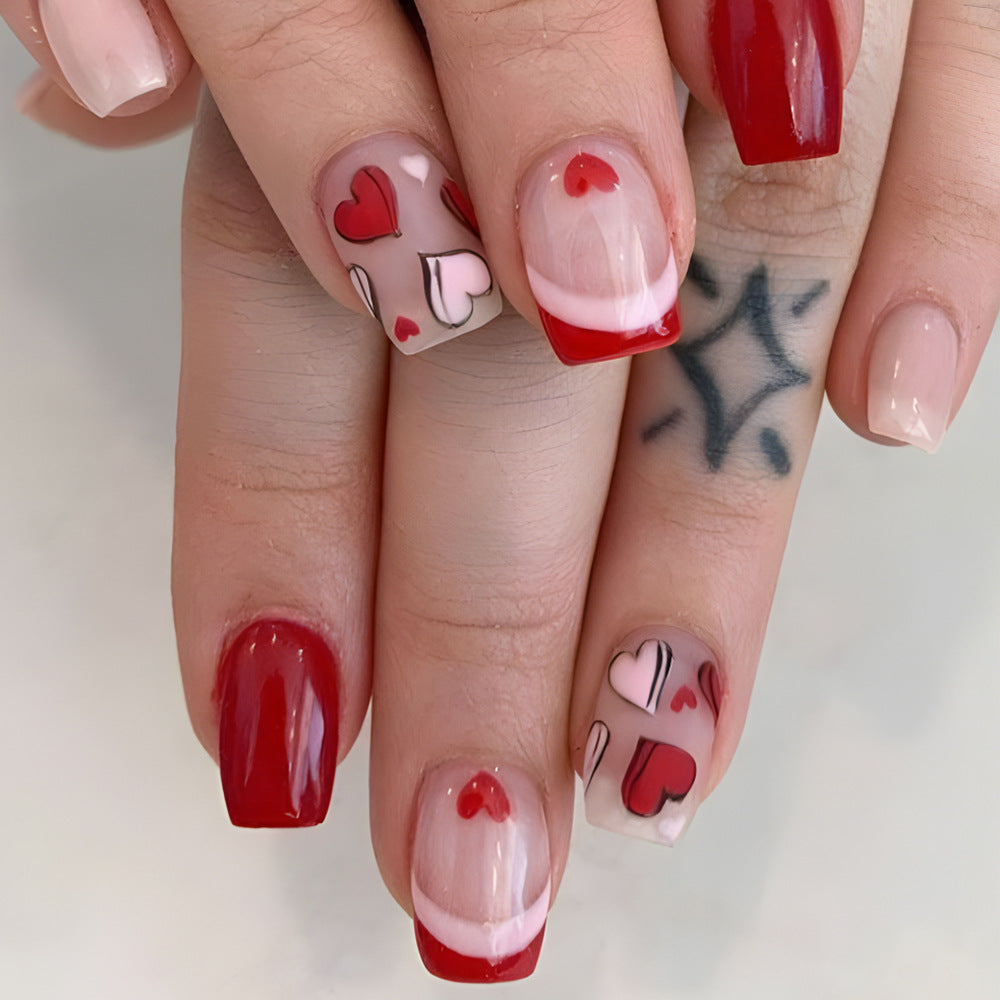 Romantic Heart-Print Press-On Nail Art Set Bowlift