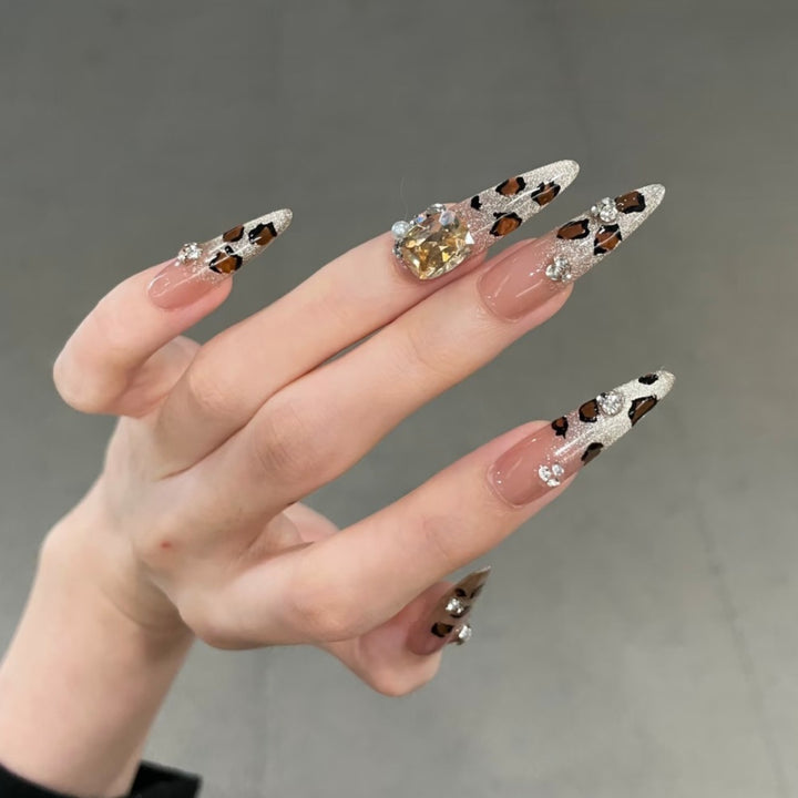 Decorative Long Stiletto Press-On Nails with Rhinestone Accents Bowlift