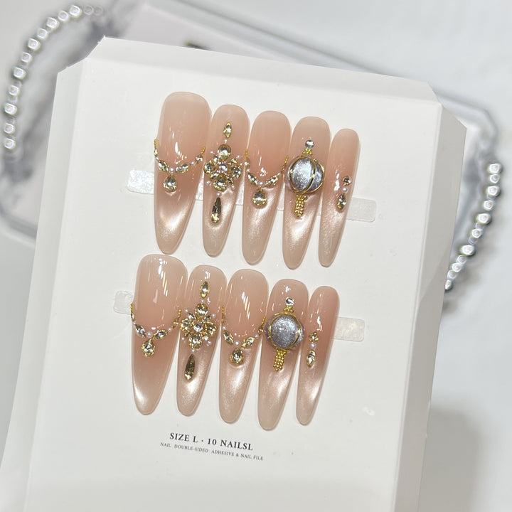 Decorative Stiletto Press-On Nail Set with Elegant Gemstone Embellishments Bowlift