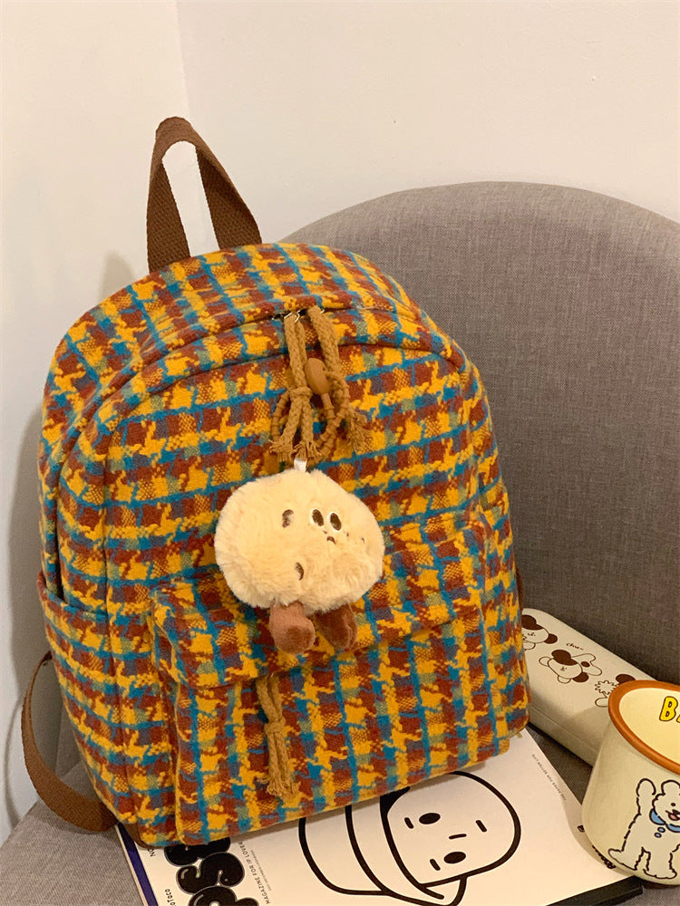 Cozy Checkered Plush School Backpack Bowlift